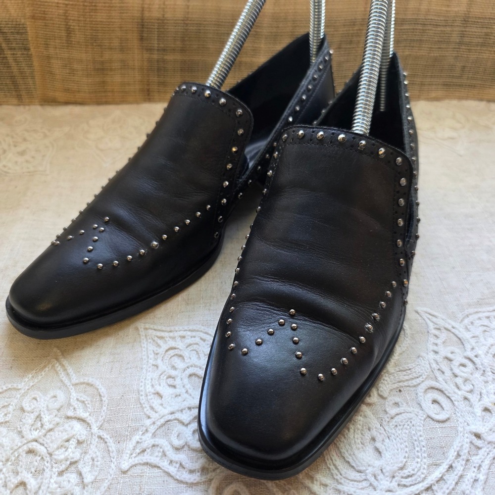 AllSaints Leather Studded Loafers 39 8.5 Black Silver Stud Slip On Shoe Portugal